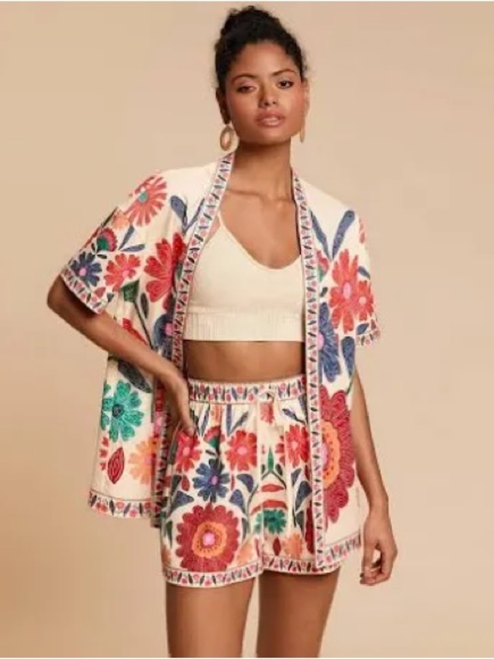 Cream Floral Embroidered Kimono & Shorts Set
